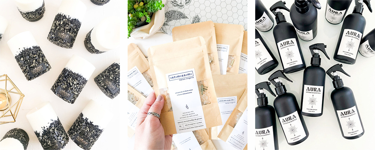 Brindes personalizados, branding sensorial, everyday luxury, Empório Coralina, velas aromáticas com pedras e cristais, sais de banho, aromatizadores de ambiente
